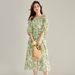 25 Summer French V-neck Fresh Green Printed Lantern Sleeve Waist-cinching Split Vacation Style Long Dress 15695_ecoleips.com