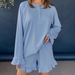 Blue Ruffled Milk Silk Long Sleeve Shorts Pajama Set European And American Cross-Border Autumn New Homewear_ecoleips.com