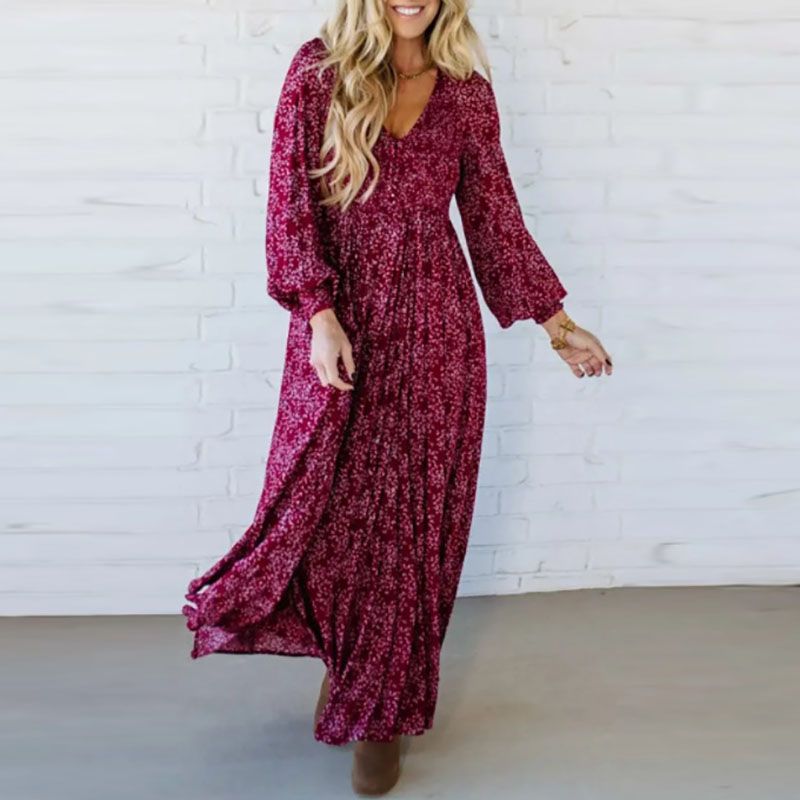 Women's Elegant Pleated Waist Big Swing Long Dress Casual Long-sleeved Vacation Dresses Sexy Deep V-neck Pullover Holiday Dress_ecoleips.com
