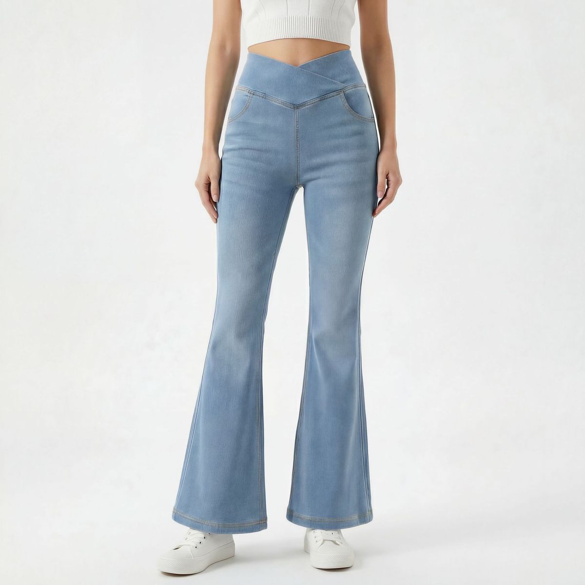 Cross-waist Knitted Flared Jeans Women, High-waisted, Slimming, Stretchy, Fitted, With A Nice Drape, Fashionable Long_ecoleips.com