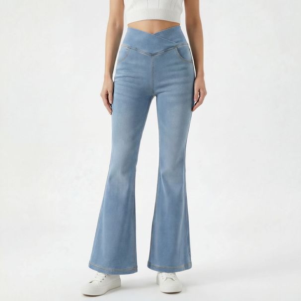 Cross-waist Knitted Flared Jeans Women, High-waisted, Slimming, Stretchy, Fitted, With A Nice Drape, Fashionable Long_ecoleips.com