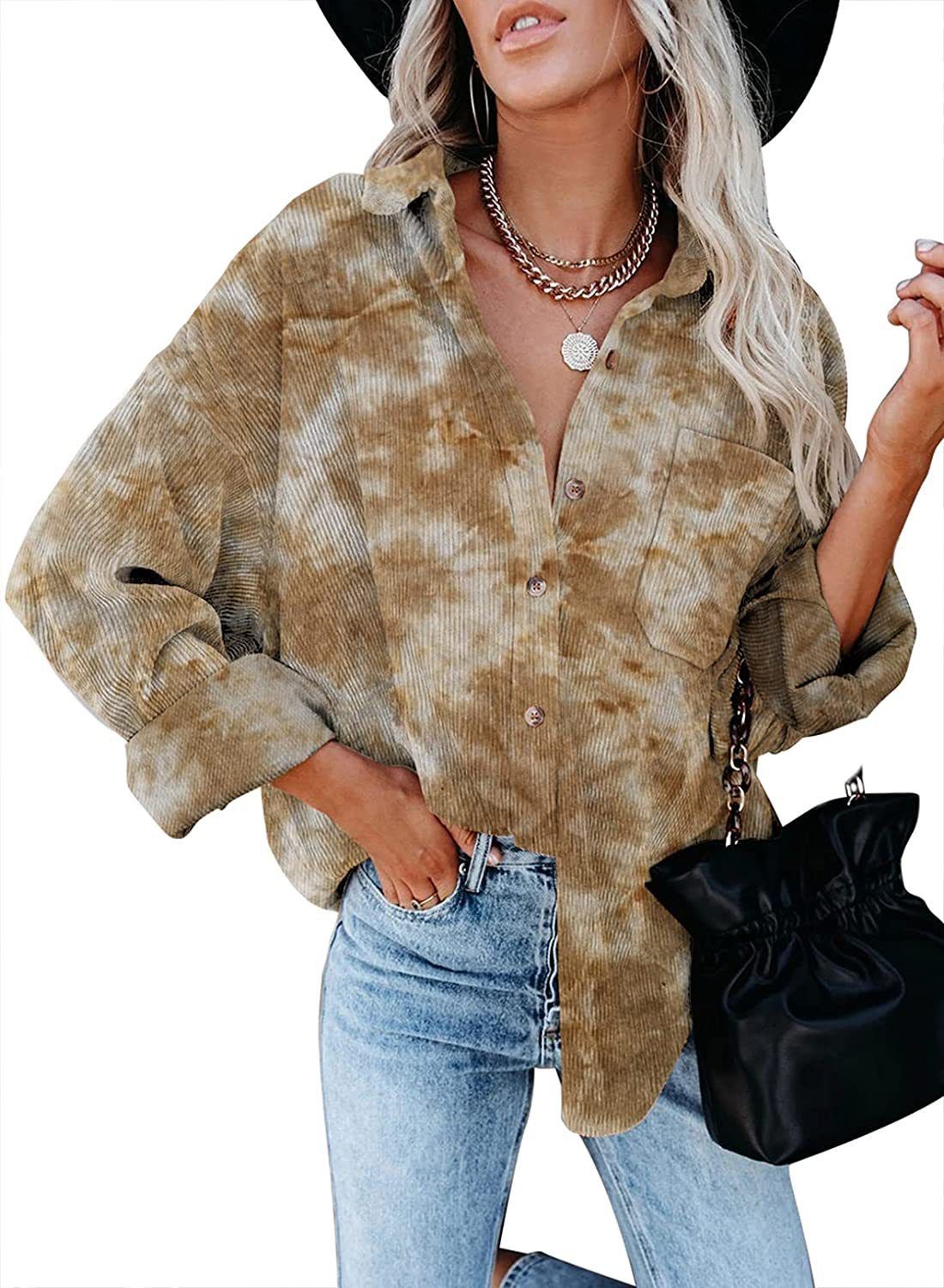 Women's Clothing Corduroy Shirt Jacket For Women – Digital Print Batwing Sleeve Overshirt (5 Colors, 5 Sizes)_ecoleips.com