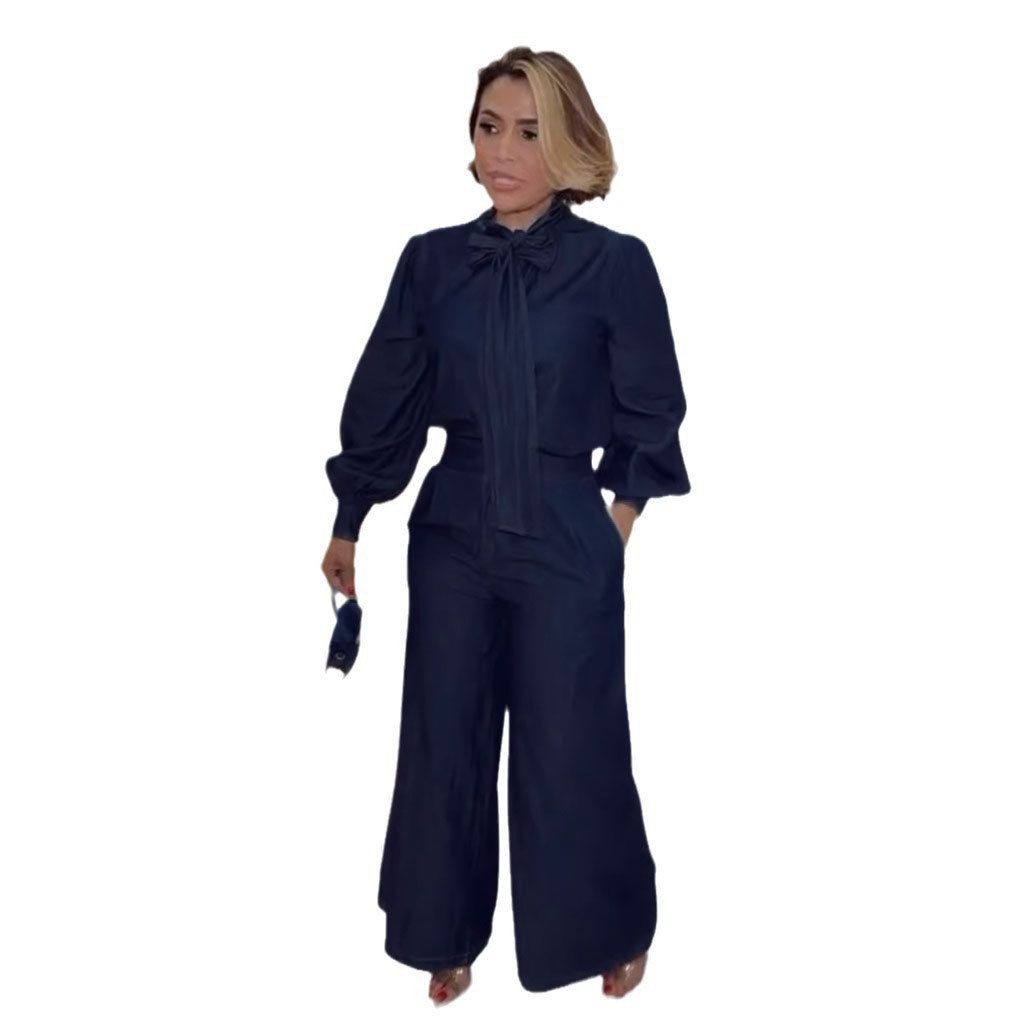 Women's Clothing Tie Strap Lantern Sleeve Shirt Wide Leg Pants Denim Two Piece Suit_ecoleips.com