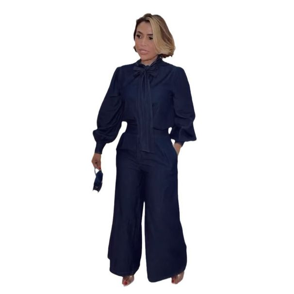 Women's Clothing Tie Strap Lantern Sleeve Shirt Wide Leg Pants Denim Two Piece Suit_ecoleips.com