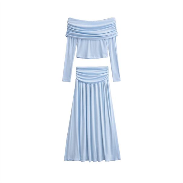 French Style Pure Desire Off-Shoulder Slim Fit Short Long Sleeve Top For Women Autumn High Waist Ruched Midi Skirt_ecoleips.com