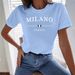 Women's Casual Letter Print T-Shirt – Soft Polyester, Loose Fit, Short Sleeve, Summer Essential (Sky Blue/Black/Red)_ecoleips.com