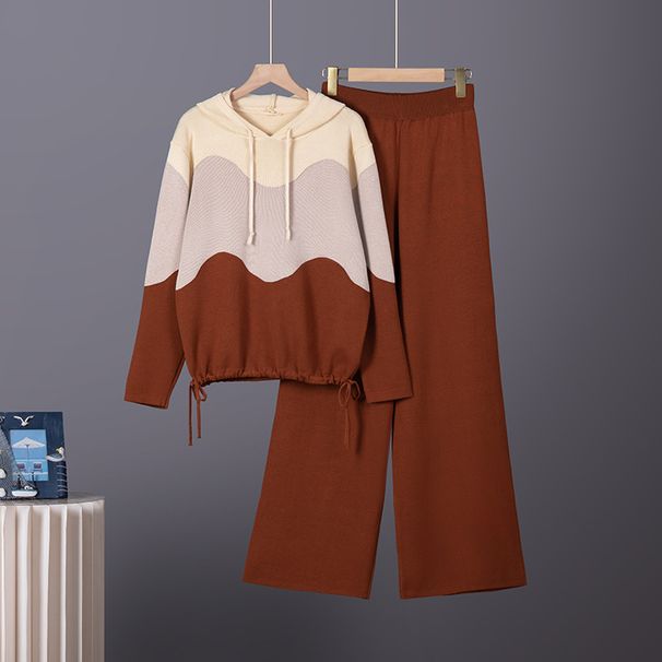 Dopamine Women's Outfit Set Loose Fitting Trousers Hooded Sweater Casual Knit Two Piece Set plus Size_ecoleips.com
