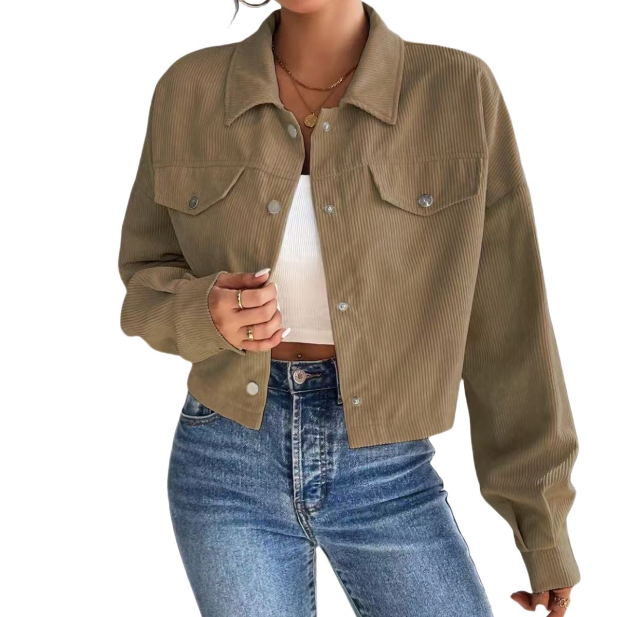 Women's Elegant Slim Fit Corduroy Cardigan Jacket Polo Collar Short Zipper Autumn Winter Ladies Fashion_ecoleips.com
