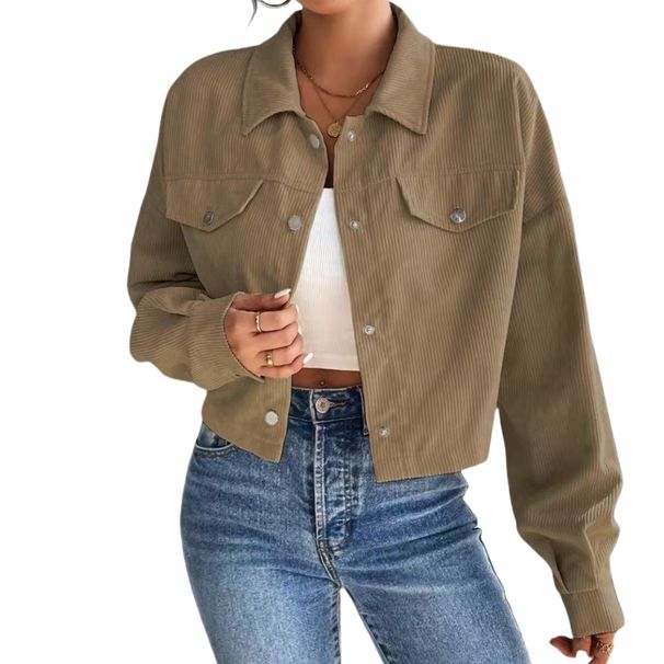 Women's Elegant Slim Fit Corduroy Cardigan Jacket Polo Collar Short Zipper Autumn Winter Ladies Fashion_ecoleips.com