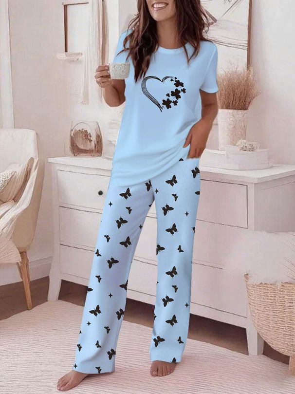 Women's Spring/Summer Comfortable Round Neck Casual Two Piece Set Striped Print Wide Leg Pants Short Sleeve_ecoleips.com