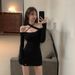 Women's Off-Shoulder Long Sleeve Mini Dress Black Fitted Summer New Style Sexy Clothing_ecoleips.com