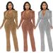 Women's Clothing Cinching V Neck Puff Sleeve Glossy Knit Sexy V-Neck Belted Jumpsuit With Puff Sleeves & Metallic Finish - Women's Shiny Knit Romper_ecoleips.com