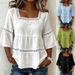 Women's Clothing Women's Casual Square Neck Top Solid Color Cotton Linen Blend Lace Trim Three Quarter Sleeve Summer Fashion For Adults_ecoleips.com