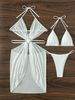 Women's European American Style Solid Color Halter Neck Bikini Three Piece Swimsuit Sexy Wire-Free Vacation Swimwear_ecoleips.com