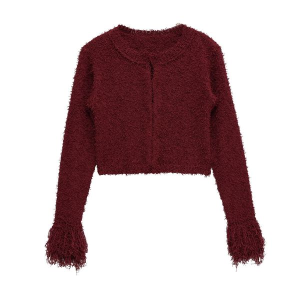Fall Women's Boho Fringe Knit Cardigan – Long Sleeve Round Neck Polyester Open Front Sweater (S-L, Oversized Fit, Wine Red, Streetwear Chic)_ecoleips.com