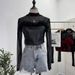 Two Piece Suit Fur Sequined Camisole + Long Sleeved Half High Collar Perspective Mesh T Shirt Top_ecoleips.com