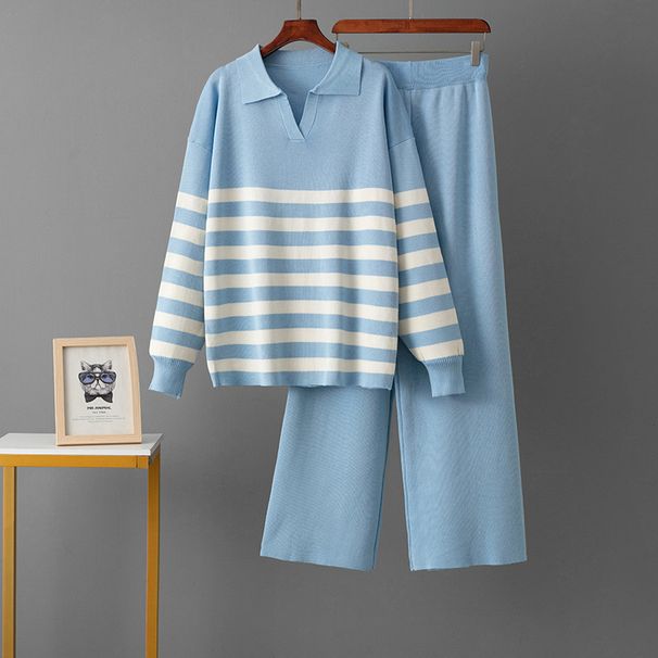 Women's Cross Border Striped Knitted Suit Polo Collar Loose Sweater And Wide Leg Pants Two Piece Set Casual Sports Spring Autumn_ecoleips.com