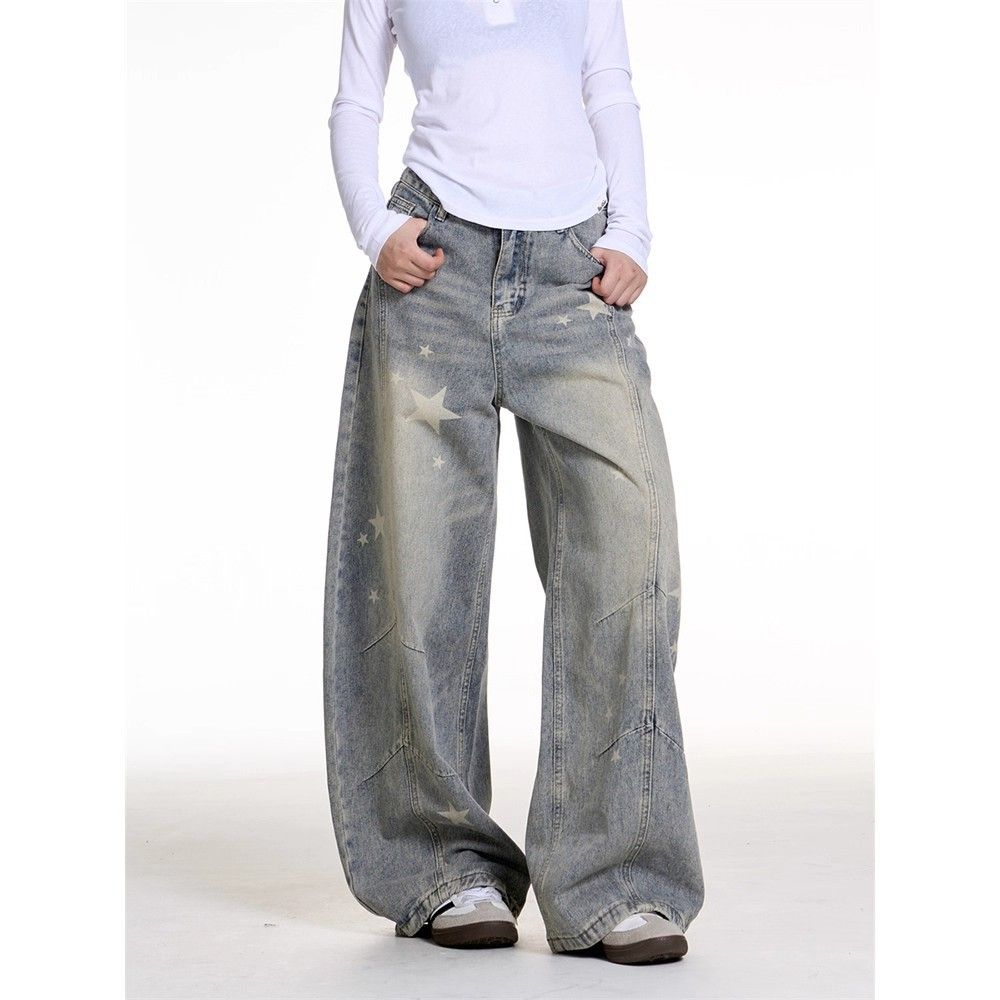 Women's Clothing Retro Star Patterned Jeans Slimming Loose Fit Wide Leg Pants Versatile Hot Girl Style_ecoleips.com