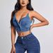 In Stock-15321 # Cross-border European And American Foreign Trade Women's Clothing INS Deep V Backless Denim_ecoleips.com