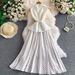 Elegant Dress with Metallic Buckle Stand up Collar Lace Tweed Satin Trim Women's Fashion_ecoleips.com