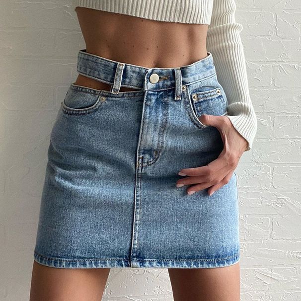 Women's Clothing Single Side Hollow Denim Skirt High Waist Slim Casual Hip Denim Skirt_ecoleips.com