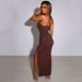 European And American INS Style Spring New Sexy Hot Girl High Slit Ruched Halter Neck Elegant Chest-Enhancing Long Dress_ecoleips.com