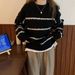 girl Korean Soft Cozy College Style Sweater For Women, New Autumn And Winter Striped Knit Pullover, Round Neck, Outerwear Top_ecoleips.com