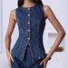 Cross-border Women's Denim Waist-cinching Stretch With Three-dimensional Floral Buttons, Sleeveless Vest (top Only)_ecoleips.com