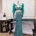 Women's Clothing Festival Wear Party Captain Sleeve Feather Splicing Sequins Heavy Long Skirt_ecoleips.com