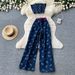 Women's American Retro Slim Fit Denim Two Piece Set Strapless Top High Waisted Flared Pants Slimming Design_ecoleips.com