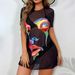 Women's Elegant Black Mesh T-Shirt Abstract Pattern Round Neck Drop Shoulder Short Sleeves Beach Pool Wear Top_ecoleips.com