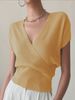 Women Lightweight Breathable Thin Vertical Rib Knit Sweater, Wrap Surplice V Neck Short Sleeve Loose Fit Slim Waist Summer Casual Knitted Top_ecoleips.com