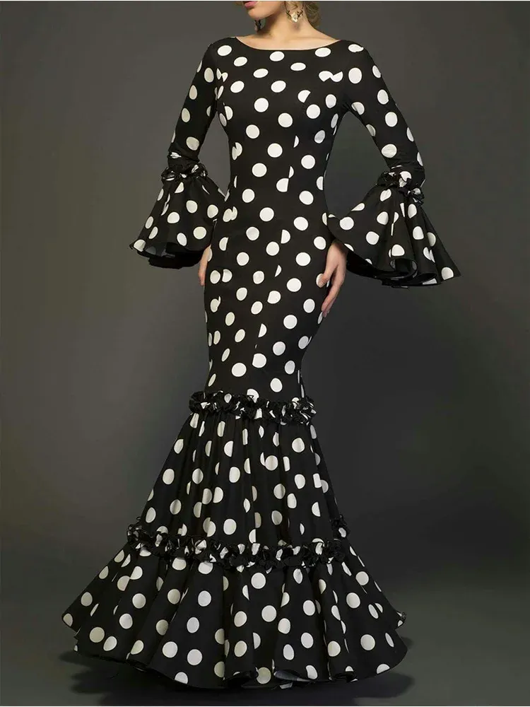 Elegant Ladies Dress Fashionable Trumpet Sleeves Polka Dot Decoration Cascading Ruffle Hem Sexy Fishtail Ladies Evening Dress_ecoleips.com