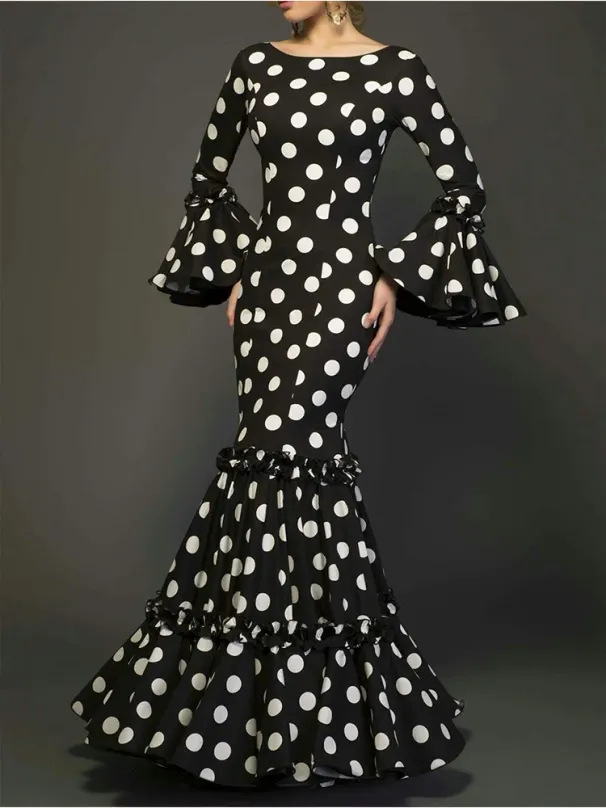 Elegant Ladies Dress Fashionable Trumpet Sleeves Polka Dot Decoration Cascading Ruffle Hem Sexy Fishtail Ladies Evening Dress_ecoleips.com