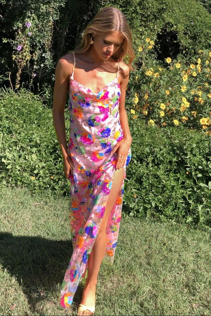 Elegant Off-Shoulder Backless Slit Maxi Dress Floral Embroidery Gold Chain Sequin Details White Pink S XL_ecoleips.com