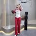 Women's Color-Block Short Sleeve Top & High-Waisted Wide-Leg Pants Set - Summer Two Piece Outfit With Flattering Fit_ecoleips.com