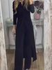 2025 Autumn New Casual Loose V-neck Solid Color Split Dress And Pants Two-piece Set For Women_ecoleips.com