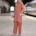 Muslim Fashion Women's Clothing Spring Autumn New Solid Color Sleeve Lace Placket Round Neck Top And Long Pants Set_ecoleips.com