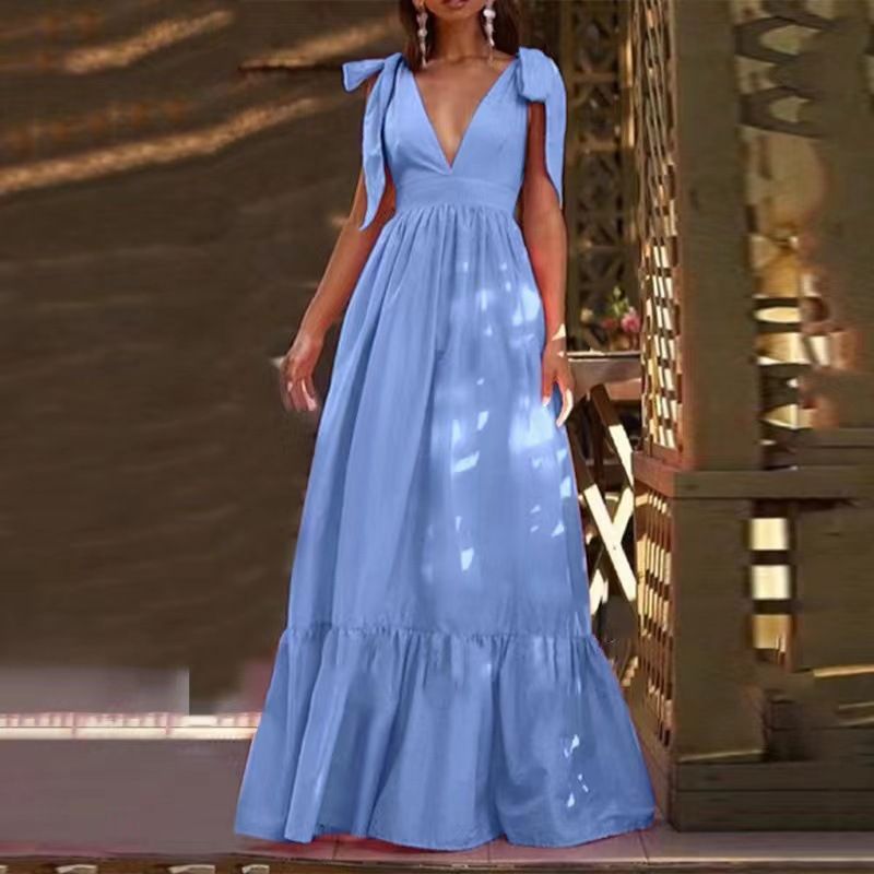 Women's Sexy Deep V Backless Tie Halter Maxi Dress – Adjustable Straps Evening Party Gown_ecoleips.com