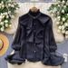 Women's Rhinestone Embellished Ruffled Collar Long Sleeved Blouse Elegant Chiffon Shirt Fitted Waist Autumn Style Sophisticated Top_ecoleips.com
