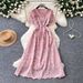 French Style Women's Lace V Neck Dress Butterfly Hollow Out Summer Korean Short Sleeve Waist Cinching Slimming A-Line Skirt Pink_ecoleips.com