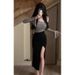 Pure Desire Style Sexy Outfit For Women Spring Summer Black Slit Strap Dress Gray Ruched Short T-Shirt Two-Piece Set_ecoleips.com