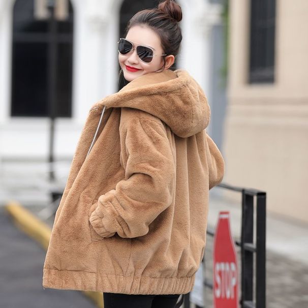 Flannel Hooded For Women, Mid-Length, Winter New Korean Style, Loose Plush Warm Long Sleeve Fleece Short Jacket_ecoleips.com