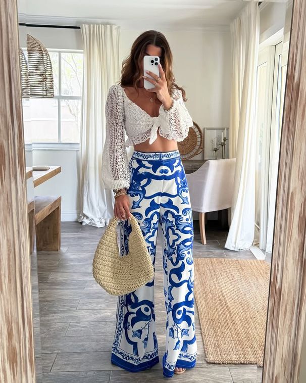 Women's Clothing Summer New Blue And White Porcelain Positioning Printing Fashion Casual Wide Leg Straight Pants_ecoleips.com