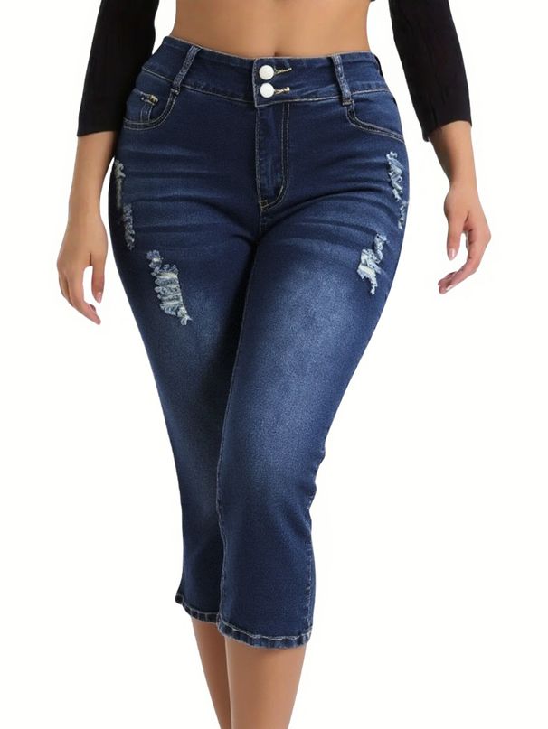 Women's Stretch High-Waisted Cropped Jeans – Slim Fit Denim Capri With Pocket Detail (Dark Blue, S-XL, Comfortable Plus Size Summer Pants)_ecoleips.com