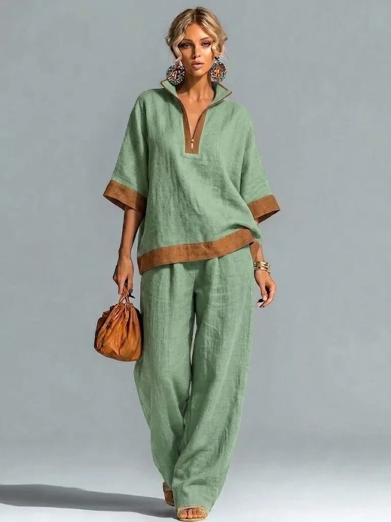 European And American Fashion Women's Casual Color Block Set with Half Zip Linen Top And Straight Leg Pants_ecoleips.com