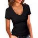Women's Clothing Slim Fit Solid Color T-Shirt V Neck Short Sleeve Patchwork Design Summer Sexy Top_ecoleips.com