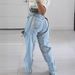 Women's High-Waisted Stretch Jeans With Asymmetrical Cutouts & Zip Details | Retro Distressed Denim Pants (Sky Blue, Navy, Charcoal)_ecoleips.com