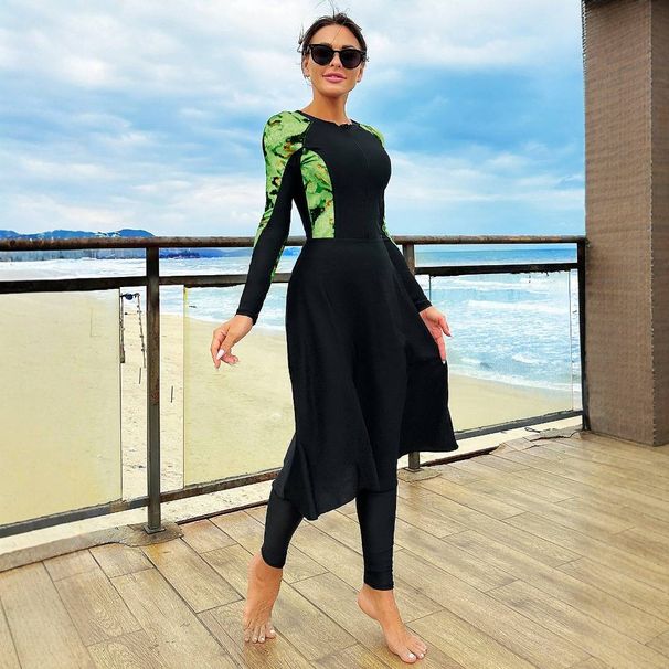 Muslim Swimsuit Women's Beach Sun Protection Long Sleeve Midi Skirt Two-Piece Set_ecoleips.com