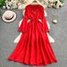 Ethnic Retro Elegant Temperament Tassel V Neck Trumpet Sleeve Dress For Women Summer Waist Slimming Long Skirt_ecoleips.com